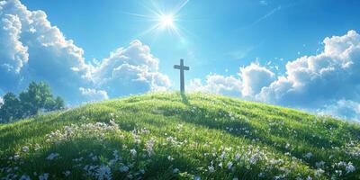 Serenity at the hilltop with a cross under a bright sunlit sky surrounded by blooming flowers photo