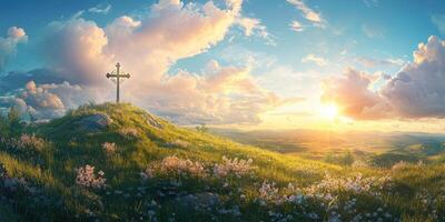 Beautiful sunset over a tranquil meadow with a cross at the summit in a serene landscape photo