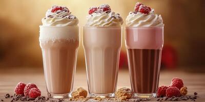 Delicious dessert drinks served in tall glasses with whipped cream and toppings in a warm, inviting setting photo
