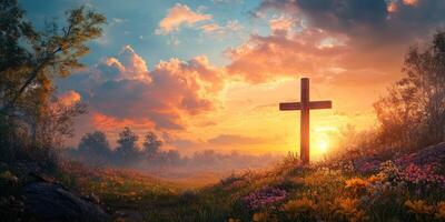 Sunrise over a serene meadow with a wooden cross amidst colorful flowers and soft clouds photo
