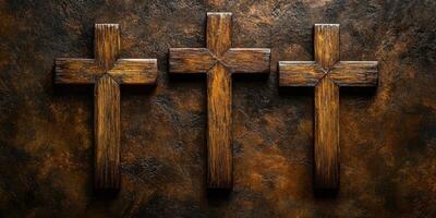 Wooden crosses displayed on a textured dark background in an artistic arrangement showcasing craftsmanship and spirituality photo