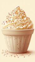 Frosted dessert served in a classic cupcake holder adorned with colorful sprinkles photo