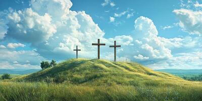 Three wooden crosses stand on a grassy hill under a bright blue sky with fluffy clouds in a serene landscape at midday photo