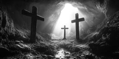 Crosses in a cave illuminated by soft light showcasing a serene yet somber atmosphere photo