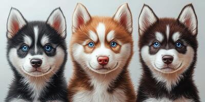 Three adorable husky puppies with striking blue eyes and unique coat patterns sitting together against a plain background photo