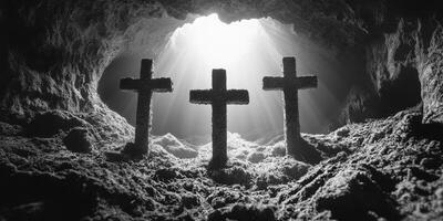 Three crosses illuminated by soft light inside a cave create a powerful atmosphere of hope and reflection photo