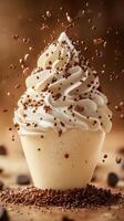 Delicious soft serve ice cream topped with chocolate sprinkles on a wooden table photo
