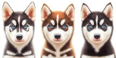 Beautiful Siberian husky puppies showcasing vibrant fur patterns and striking blue eyes in a cheerful composition photo