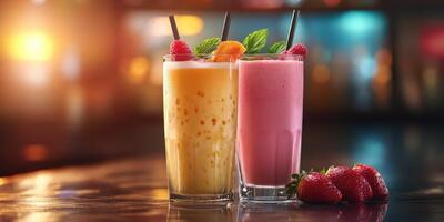 Colorful fruit smoothies placed on a bar counter during a vibrant evening gathering with bright lights photo
