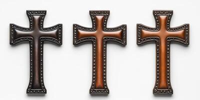 Decorative leather crosses arranged in a series showcasing different colors and textures for a unique spiritual aesthetic photo