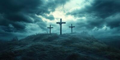 Crosses stand solemnly on a hill under an ominous sky filled with dark clouds during twilight hours in a secluded area photo