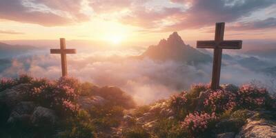 Scenic sunrise over a mountain landscape adorned with wooden crosses and blooming flowers in a serene natural setting photo