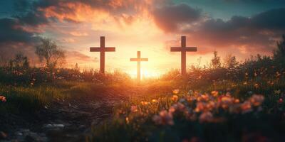 Sunset over three crosses in a tranquil meadow adorned with vibrant flowers and lush greenery photo