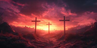 Serene landscape at sunset with three crosses on a hilltop surrounded by vibrant clouds and an ethereal glow photo