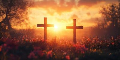 Sunset silhouettes of crosses in a vibrant field filled with flowers near a peaceful landscape photo