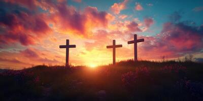 Sunset over three crosses on a hill, creating a peaceful and reflective atmosphere photo