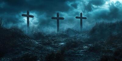 Dark and eerie cemetery landscape with three wooden crosses under a cloudy sky at dusk photo