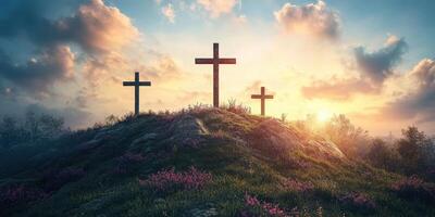 Crosses stand on a hill at sunset, symbolizing hope and faith in a serene landscape photo