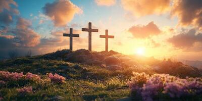 Sunrise over three crosses on a hill adorned with flowers and surrounded by dramatic clouds and gentle light photo