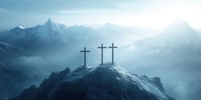 Majestic mountain peaks with crosses at dawn under a serene blue sky photo