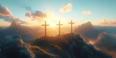 Three wooden crosses stand on a mountaintop at sunrise, casting long shadows over the rocky landscape photo