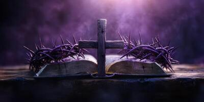 Symbolic representation of faith with a cross and crown of thorns on a sacred book in a dimly lit setting photo