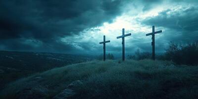 Three wooden crosses stand on a hill against a dramatic cloudy sky at dusk photo