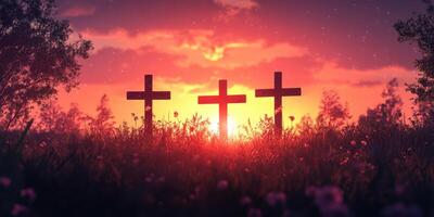 Sunset at the cemetery with three wooden crosses silhouetted against a vibrant sky photo