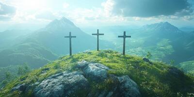 Three crosses stand on a grassy hilltop surrounded by lush mountains under a blue sky photo