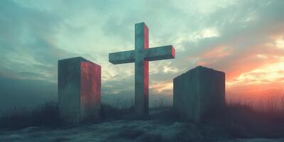 Sunset casts a serene glow on a stone cross and monoliths in an open landscape photo