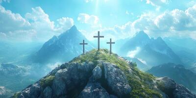 Crosses atop a mountainous landscape with bright clouds and sunlight streaming down at sunrise photo