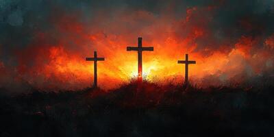 Sunset casts an ethereal glow over three silhouetted crosses on a hilltop photo