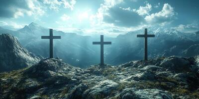 Sunrise over mountain crosses on rocky terrain with a tranquil atmosphere photo
