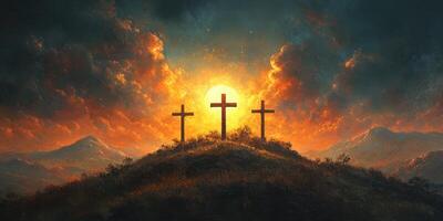 Sunrise over three crosses on a hill in a scenic landscape with vibrant clouds and warm colors photo