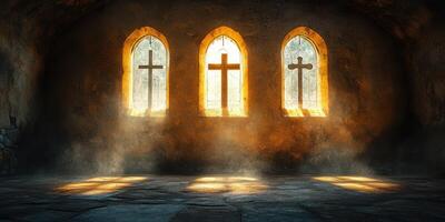 Sunlight filters through stained glass windows illuminating an ancient stone chapel featuring crosses at dawn photo