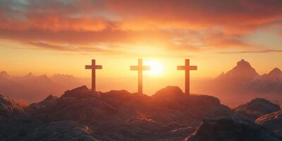 Sunrise over three crosses on a rocky landscape creating a serene, reflective atmosphere in nature photo