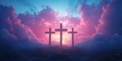 Sunset behind three crosses rising above a colorful cloud-strewn sky in a serene landscape photo