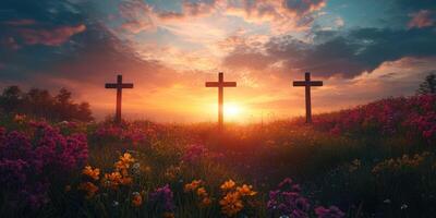 Three crosses stand in a field of colorful flowers against a vibrant sunset sky in the evening photo