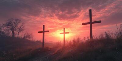 Sunrise over a tranquil landscape with wooden crosses against a vibrant sky photo