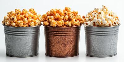 Varieties of popcorn in metal buckets for a flavorful snack experience photo