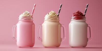 Delicious milkshakes in colorful jars with whipped cream and striped straws at a vibrant cafe setting photo