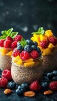 Chia seed pudding topped with fresh berries and mango served in jars on a dark background photo