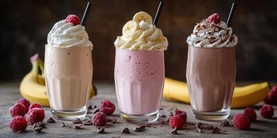Three delicious milkshakes in tall glasses with whipped cream and fresh toppings, served in a cozy setting with fruit accents photo