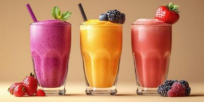 Colorful smoothie drinks with fruits in a bright setting during day photo