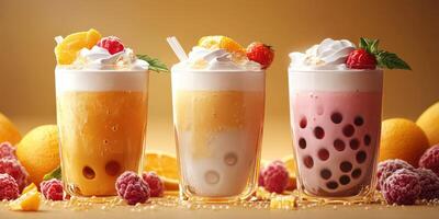 Refreshing summer drinks in colorful glasses showcased on a warm background photo