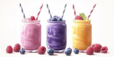 Colorful smoothies in jars displayed with fresh fruits and striped straws on a light background photo
