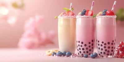 Colorful bubble tea drinks with fruit toppings served in tall glasses on a pastel backdrop in a bright setting photo