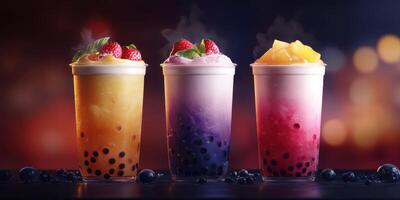 Boba tea drinks with vibrant colors and fresh fruit toppings on display at a trendy cafe during the evening photo