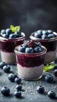 Delicious chia seed pudding topped with blueberries and berry compote in artistic presentation photo