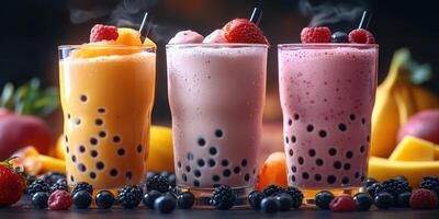 Colorful bubble tea drinks with fresh fruit on display in a cozy setting photo